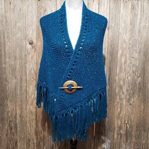 NEW Teal Blue Metallic Hand Knitted Shawl Wrap Scarf Boho Hippie Coverup Fringe